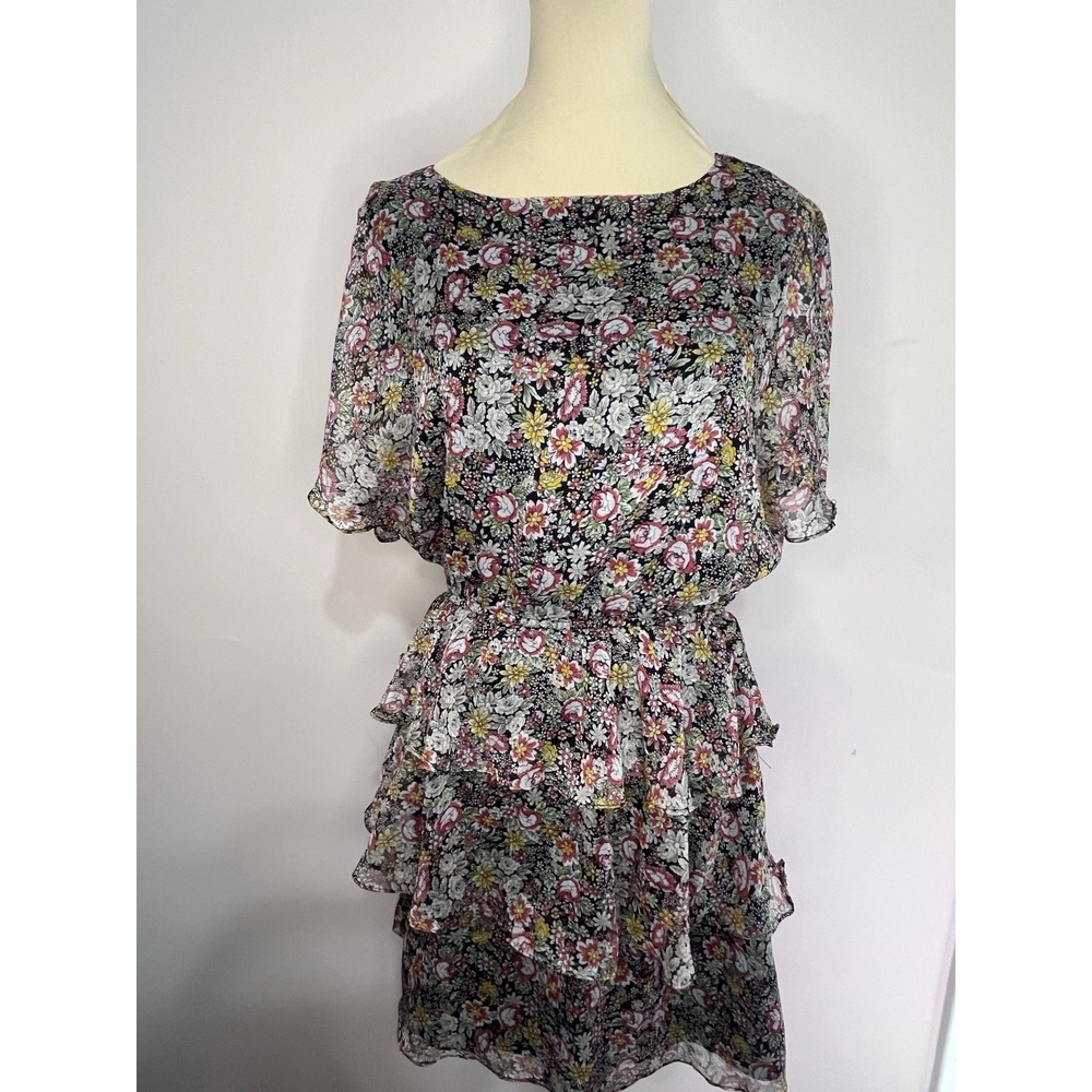 1 STATE Dress Women Medium Floral Blouson Mini Ruffle Flutter Sleeve Smocked